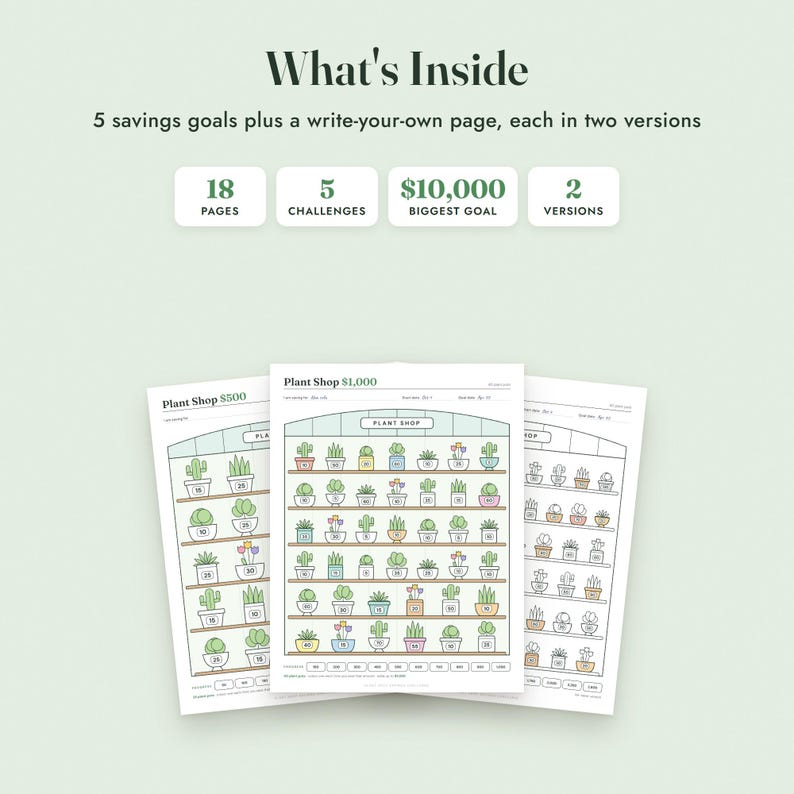 Savings Challenge Printable, Plant Shop Color In Tracker, 500 to 10000, Letter A4 image 2