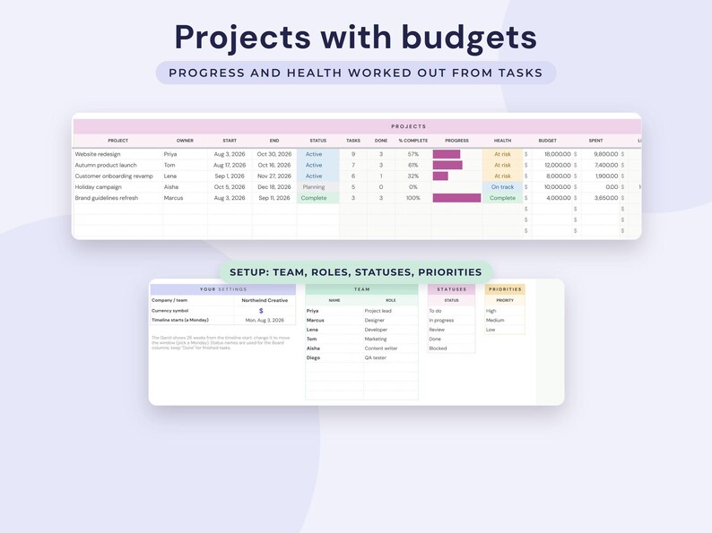Project Management Template Google Sheets, Gantt Chart, Kanban Board, Team Task Tracker Spreadsheet image 6