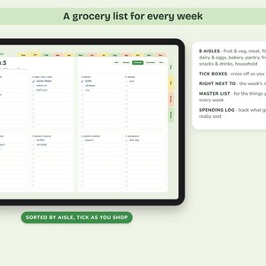 Puede incluir: Un planificador digital de lista de la compra en una pantalla de tableta, con secciones categorizadas para frutas, verduras, carne y art&iacute;culos del hogar. La interfaz incluye casillas de verificaci&oacute;n, una lista maestra y un registro de gastos.