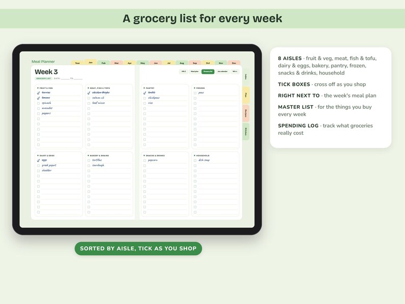 Puede incluir: Un planificador digital de lista de la compra en una pantalla de tableta, con secciones categorizadas para frutas, verduras, carne y art&iacute;culos del hogar. La interfaz incluye casillas de verificaci&oacute;n, una lista maestra y un registro de gastos.