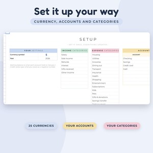 May include: A digital financial setup template featuring columns for settings, income categories, expense categories, and accounts. The text includes 'Set it up your way', 'Currency, accounts and categories', 'Setup', 'Your settings', 'Income categories', 'Expense categories', and 'Account'.