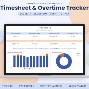 Timesheet Google Sheets Template, Overtime Tracker, Hourly Pay Calculator, Work Hours Log image 1