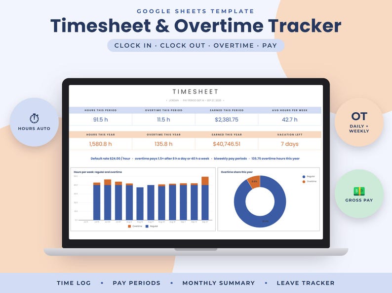 Timesheet Google Sheets Template, Overtime Tracker, Hourly Pay Calculator, Work Hours Log image 1