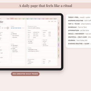 May include: A digital daily planner interface displayed on a tablet screen, featuring sections for mood, water intake, morning routine, schedule, meals, movement, gratitude, and journaling. The layout includes 364 undated daily pages with tabs.