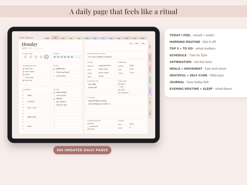 May include: A digital daily planner interface displayed on a tablet screen, featuring sections for mood, water intake, morning routine, schedule, meals, movement, gratitude, and journaling. The layout includes 364 undated daily pages with tabs.
