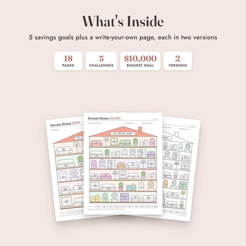 Savings Challenge Printable, Dream Home Color In Tracker, 500 to 10000, Letter A4 image 2