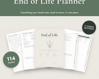 May include: A printable End of Life Planner binder with 114 pages and 9 tabbed sections. The document includes a cover page with a plant illustration and various internal pages for recording important information, available in Letter, A4, and A5 sizes.