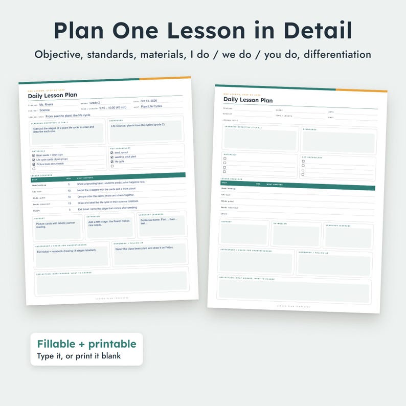 Invulbaar lesplansjabloon (PDF), dag- en weekplanningen, printbare docentenplanner, A4-formaat. afbeelding 4