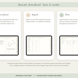 May include: A digital wedding planner guide with three steps: Download, Import, and Plan. The graphic shows a tablet screen displaying planner pages with tabs, a wedding logo, and text instructions for using the PDF file on a tablet or computer.