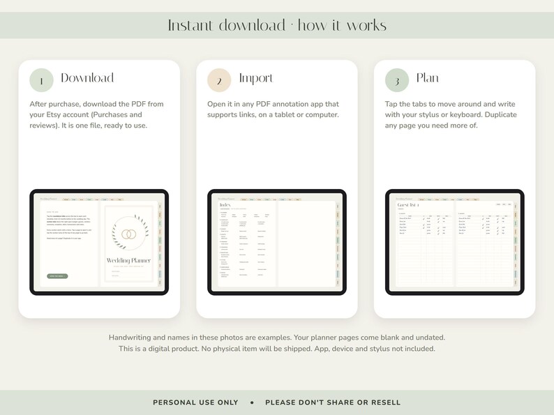 May include: A digital wedding planner guide with three steps: Download, Import, and Plan. The graphic shows a tablet screen displaying planner pages with tabs, a wedding logo, and text instructions for using the PDF file on a tablet or computer.