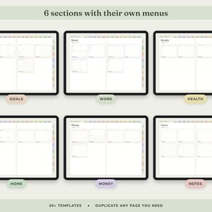 May include: A digital planner interface displayed on six screens, featuring sections labeled Goals, Work, Health, Home, Money, and Notes. Each screen shows a white layout with grid boxes and tabs. The text 6 sections with their own menus is at the top.