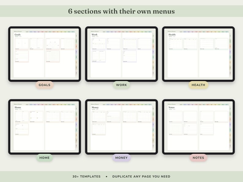 May include: A digital planner interface displayed on six screens, featuring sections labeled Goals, Work, Health, Home, Money, and Notes. Each screen shows a white layout with grid boxes and tabs. The text 6 sections with their own menus is at the top.