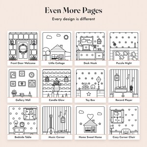 May include: A collection of twelve black and white line art illustrations titled Even More Pages, Every design is different. The grid displays scenes including Front Door Welcome, Little Cottage, Desk Nook, Puzzle Night, Gallery Wall, Candle Glow, Toy Box, Record Player, Bedside Table, Music Corner, Home Sweet Home, and Cozy Corner Chair.