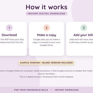 May include: An instructional graphic titled How it works with the subtitle INSTANT DIGITAL DOWNLOAD. It features three numbered steps: 1 Download, 2 Make a copy, and 3 Add your bills. It includes text about Google Sheets compatibility and a note that this is a digital product.