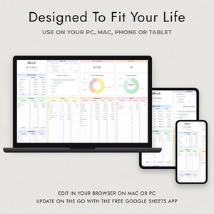 May include: A digital budget planner template displayed on a laptop, tablet, and smartphone screen. The interface features pastel-colored sections for cash flow, income, bills, expenses, and debt, with the text "Designed To Fit Your Life" at the top.