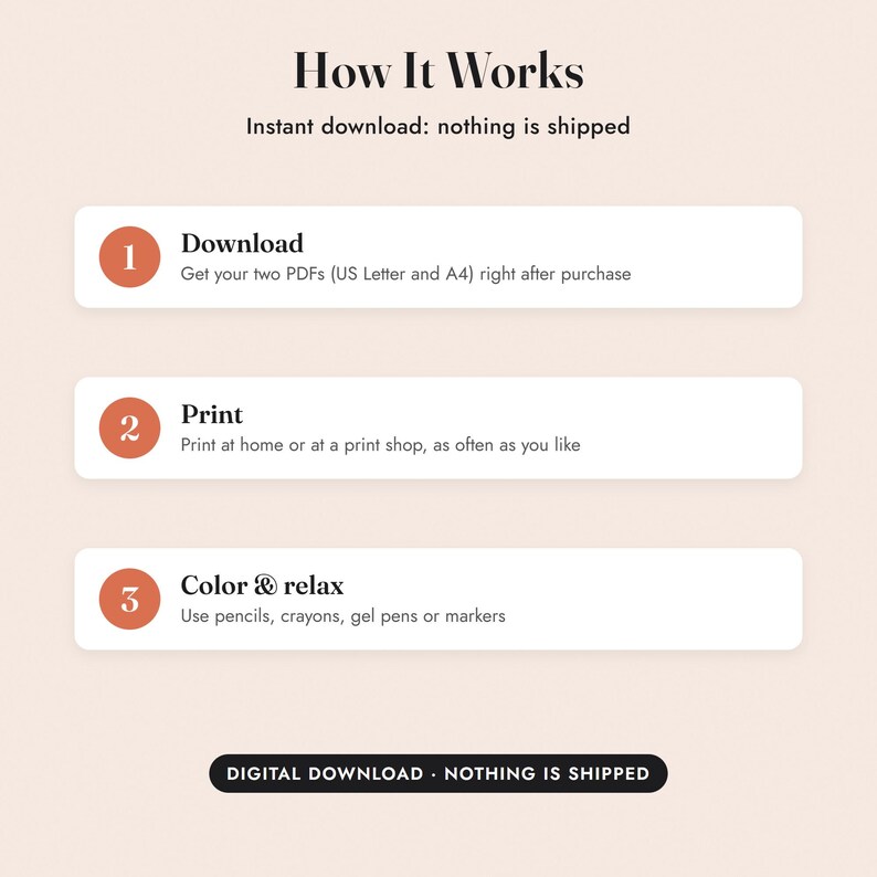May include: An instructional graphic titled How It Works with three numbered steps in terracotta circles. Step 1: Download two PDFs in US Letter and A4. Step 2: Print at home or a shop. Step 3: Colour and relax using pencils, crayons, or markers.