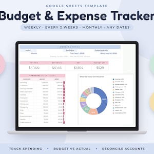 May include: A Google Sheets template for a Budget & Expense Tracker displayed on a laptop screen. The interface shows income, expenses, net, and budget left, with a spending category table and a colorful donut chart visualizing monthly data.