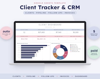 Client Tracker Google Sheets, Freelancer CRM Spreadsheet, Sales Pipeline, Invoice Log, Follow Up Planner