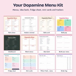 K&ouml;nnte beinhalten: Ein Dopamin-Men&uuml;-Set mit verschiedenen druckbaren Vorlagen, darunter Men&uuml;s, eine Ideenbank, ein K&uuml;hlschrankblatt, Minikarten und Tracker. Die Sammlung zeigt verschiedene Designs wie Retro-Diner, modern-minimalistisch, Boho-Bogen, Bold-Pop und Tafel.