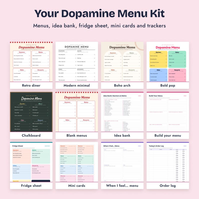 K&ouml;nnte beinhalten: Ein Dopamin-Men&uuml;-Set mit verschiedenen druckbaren Vorlagen, darunter Men&uuml;s, eine Ideenbank, ein K&uuml;hlschrankblatt, Minikarten und Tracker. Die Sammlung zeigt verschiedene Designs wie Retro-Diner, modern-minimalistisch, Boho-Bogen, Bold-Pop und Tafel.