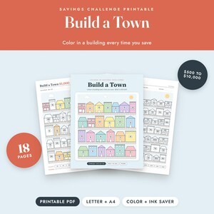 Savings Challenge Printable, Build a Town Color In Tracker, 500 to 10000, Letter A4 image 1