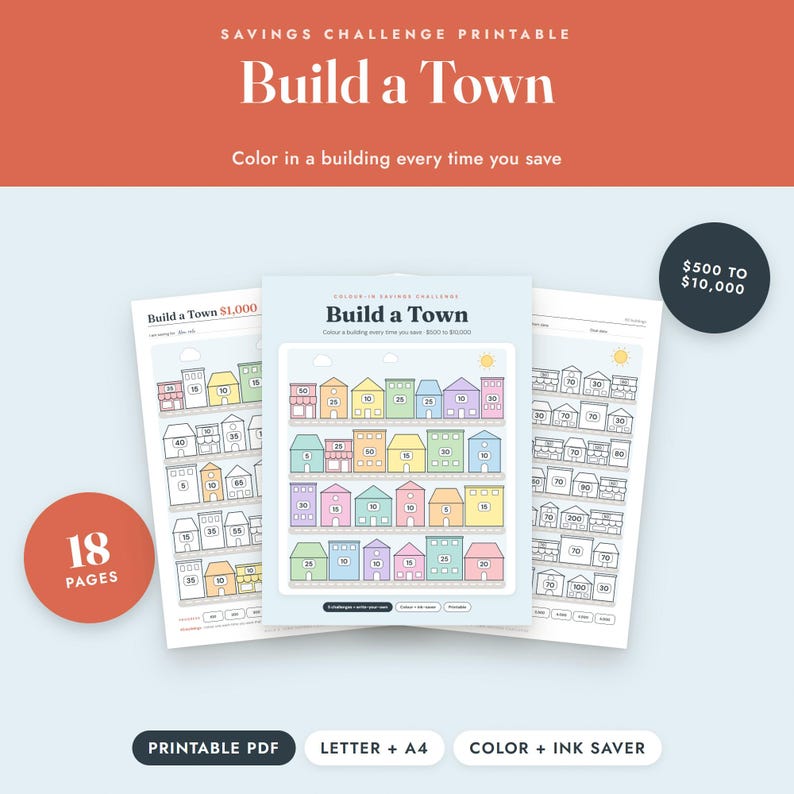 Savings Challenge Printable, Build a Town Color In Tracker, 500 to 10000, Letter A4 image 1