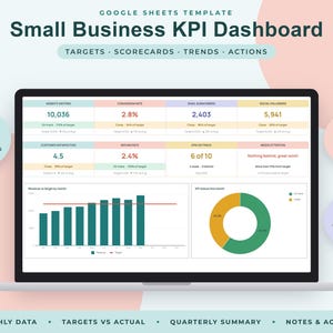 Small Business KPI Dashboard Google Sheets, Monthly Targets Tracker, Sales Metrics Scorecard image 1