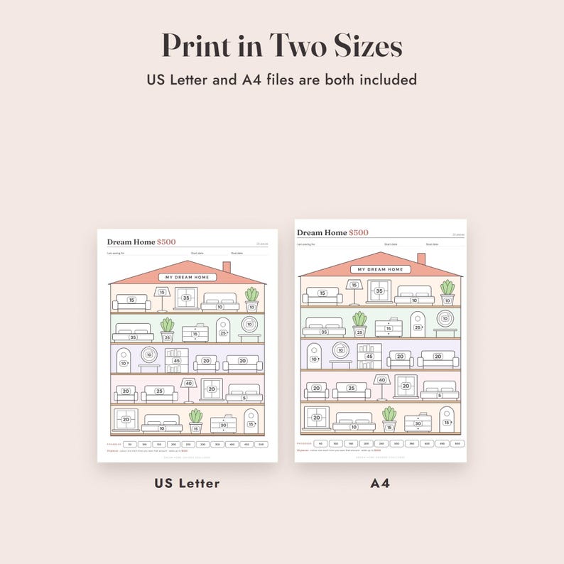 Savings Challenge Printable, Dream Home Color In Tracker, 500 to 10000, Letter A4 image 9