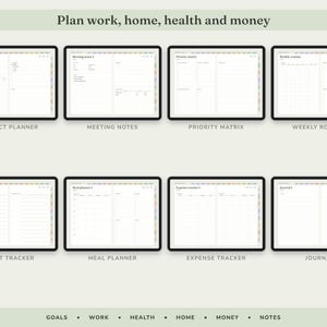 May include: A digital planner set featuring eight distinct templates labeled Project Planner, Meeting Notes, Priority Matrix, Weekly Routine, Habit Tracker, Meal Planner, Expense Tracker, and Journal. The text Plan work, home, health and money appears at the top.