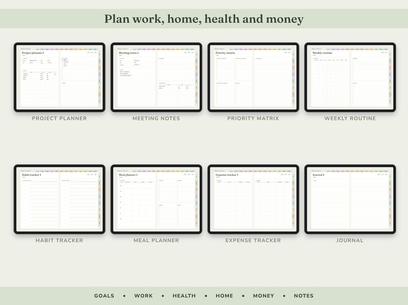 May include: A digital planner set featuring eight distinct templates labeled Project Planner, Meeting Notes, Priority Matrix, Weekly Routine, Habit Tracker, Meal Planner, Expense Tracker, and Journal. The text Plan work, home, health and money appears at the top.
