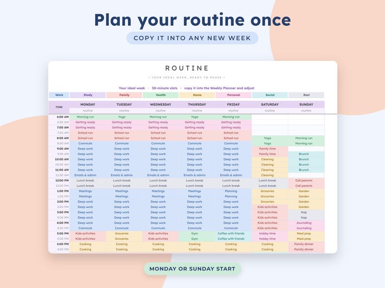 Weekly Planner Google Sheets, Time Block Schedule, Routine Template, To Do List, Habit Tracker image 7