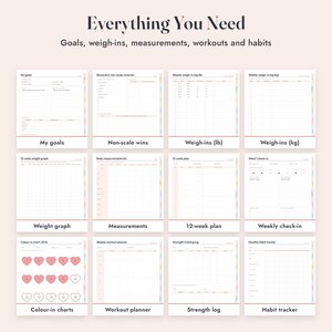 Op de afbeelding: Een digitaal fitnessplanner-ontwerp getiteld Everything You Need, met twaalf afzonderlijke pagina's voor het bijhouden van doelen, successen zonder weegschaal, gewicht in lbs en kg, lichaamsmaten in inches, een 12-wekenplan, wekelijkse check-ins, in te kleuren hartjesdiagrammen, trainingsschema's, krachttrainingslogboeken en gewoonte-trackers.