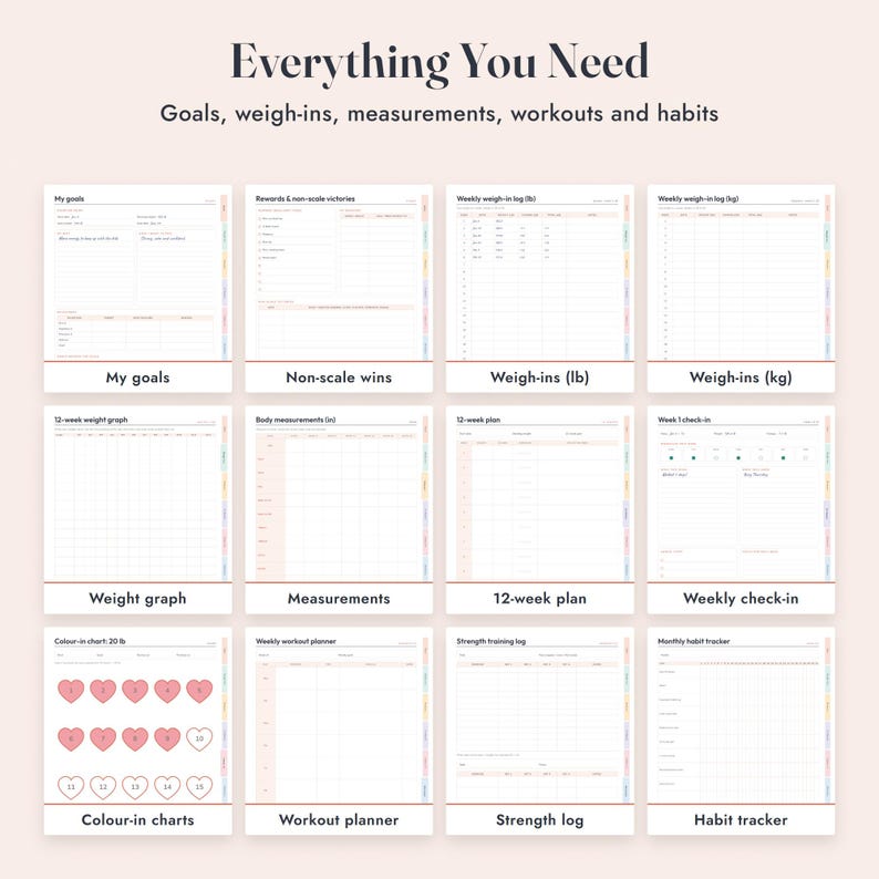 Op de afbeelding: Een digitaal fitnessplanner-ontwerp getiteld Everything You Need, met twaalf afzonderlijke pagina's voor het bijhouden van doelen, successen zonder weegschaal, gewicht in lbs en kg, lichaamsmaten in inches, een 12-wekenplan, wekelijkse check-ins, in te kleuren hartjesdiagrammen, trainingsschema's, krachttrainingslogboeken en gewoonte-trackers.