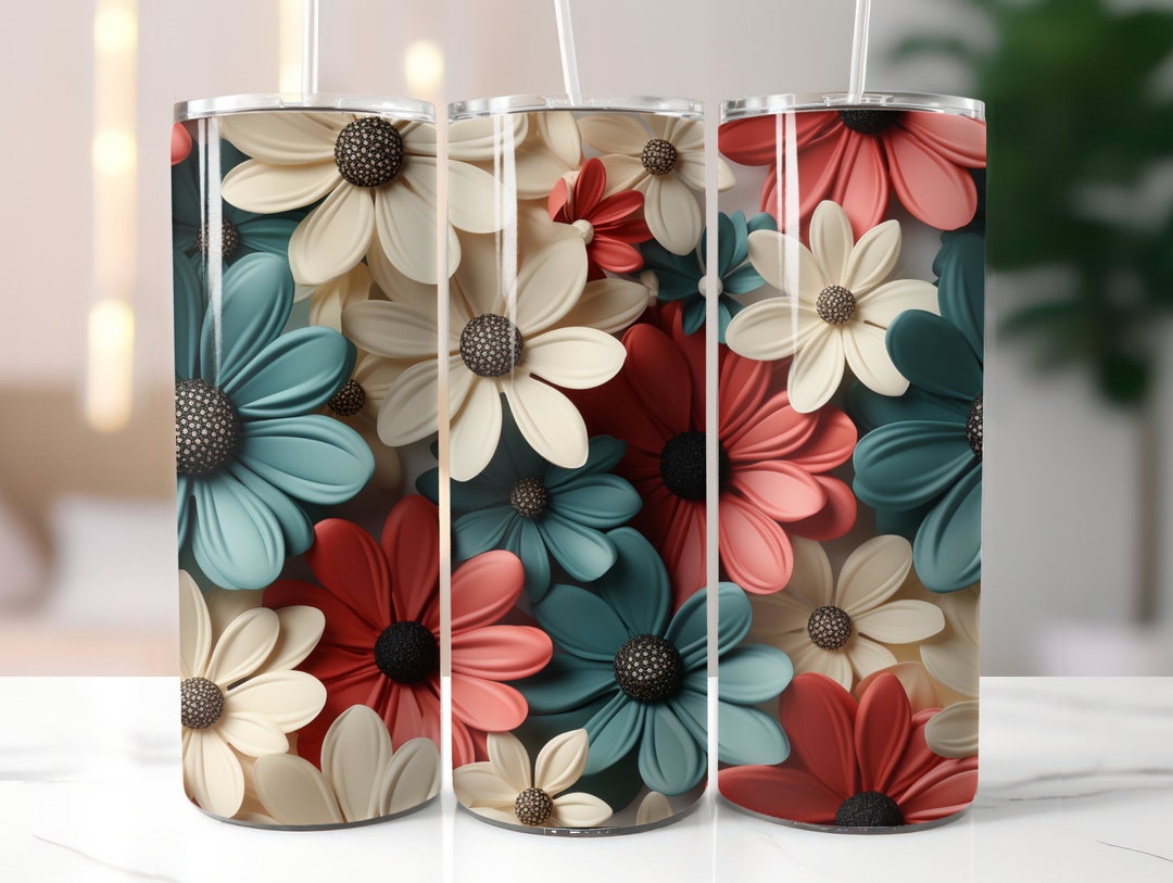 3D Daisy Flowers, 20 Oz Tumbler Design, Seamless Design, Flower Tumbler Wrap, Skinny Tumbler