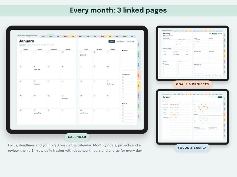 Time Blocking Planner Digital, Undated Productivity Journal, Hourly Schedule, Priority Matrix, Focus Session Log image 5