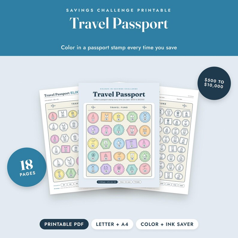 May include: A set of 18 printable savings challenge pages titled Travel Passport. The pages feature rows of various shapes containing icons of landmarks and travel items with numerical values, designed for colouring in to track savings goals.