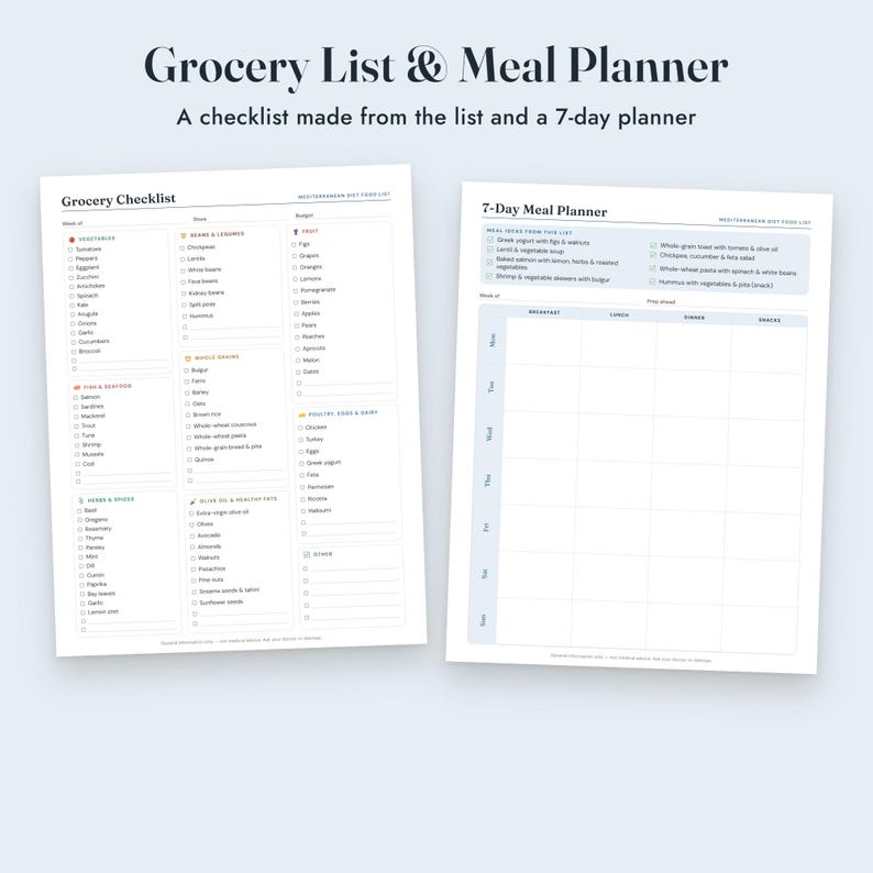 Mediterranean Diet Food List Printable, Grocery List, Meal Planner, Food Guide, Letter A4 imagen 7