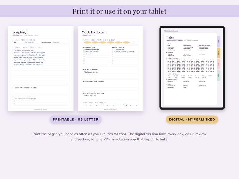 Puede incluir: Un conjunto de diario de manifestaci&oacute;n que incluye dos p&aacute;ginas imprimibles tama&ntilde;o A4 tituladas Scripting 1 y Week 1 reflection, junto con una versi&oacute;n digital para tableta con una p&aacute;gina de &iacute;ndice con hiperv&iacute;nculos y listas estructuradas.