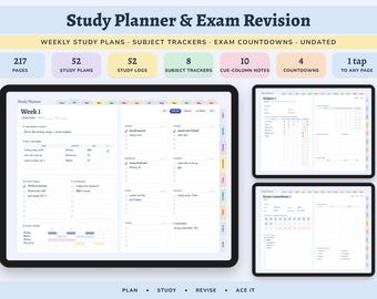May include: A digital study planner and exam revision tool featuring 217 pages, 52 study plans, 52 study logs, 8 subject trackers, 10 cue-column notes, and 4 countdowns. The interface displays weekly schedules, subject tracking, and exam countdowns.