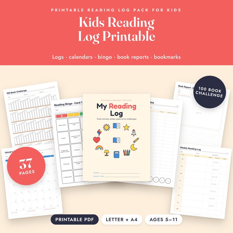 Reading Log for Kids Printable, Book Report Template, Bingo Challenge, 100 Book Tracker image 1