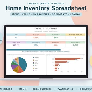 Foglio di calcolo per l'inventario domestico su Google Sheets, registro assicurativo, organizzatore per il trasloco, monitoraggio delle garanzie, elenco degli oggetti domestici immagine 1