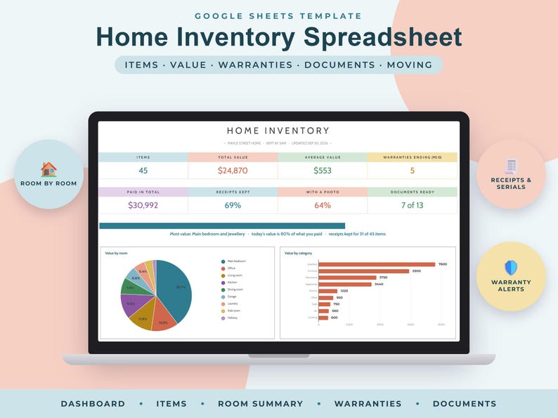 Foglio di calcolo per l'inventario domestico su Google Sheets, registro assicurativo, organizzatore per il trasloco, monitoraggio delle garanzie, elenco degli oggetti domestici immagine 1