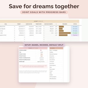 May include: A digital financial planning spreadsheet titled Save for dreams together with sections for Joint Goals, progress bars, and setup settings for names, incomes, and shared categories. The layout includes columns for target amounts, saved funds, dates, and status.