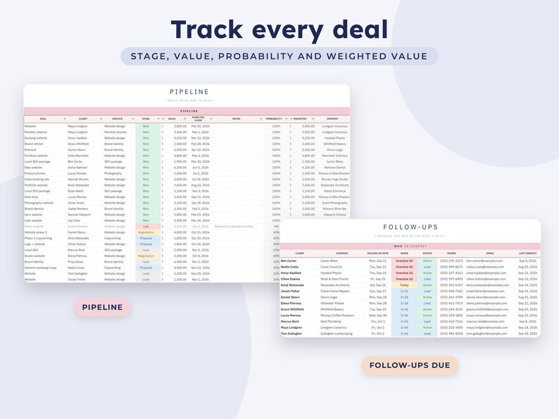 May include: A digital spreadsheet template featuring two distinct sections titled Pipeline and Follow-ups. The Pipeline table tracks deal stages, values, and probabilities, while the Follow-ups table organizes client contact information and dates.