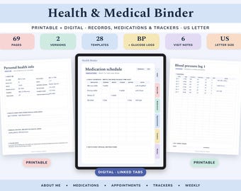 Könnte beinhalten: Ein Gesundheits- und Medizinordner-Set mit 69 Seiten, 28 Vorlagen und Dokumenten im US-Letter-Format. Die Darstellung umfasst ein digitales Tablet mit verlinkten Reitern und zwei druckbare Blätter mit persönlichen Gesundheitsdaten, Medikamentenplänen und Blutdruckprotokollen.