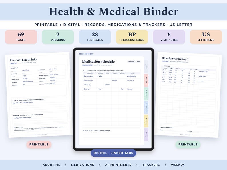 Medical Binder Printable and Digital, Health Planner, Medication Tracker, Blood Pressure Log, Symptom Journal bild 1