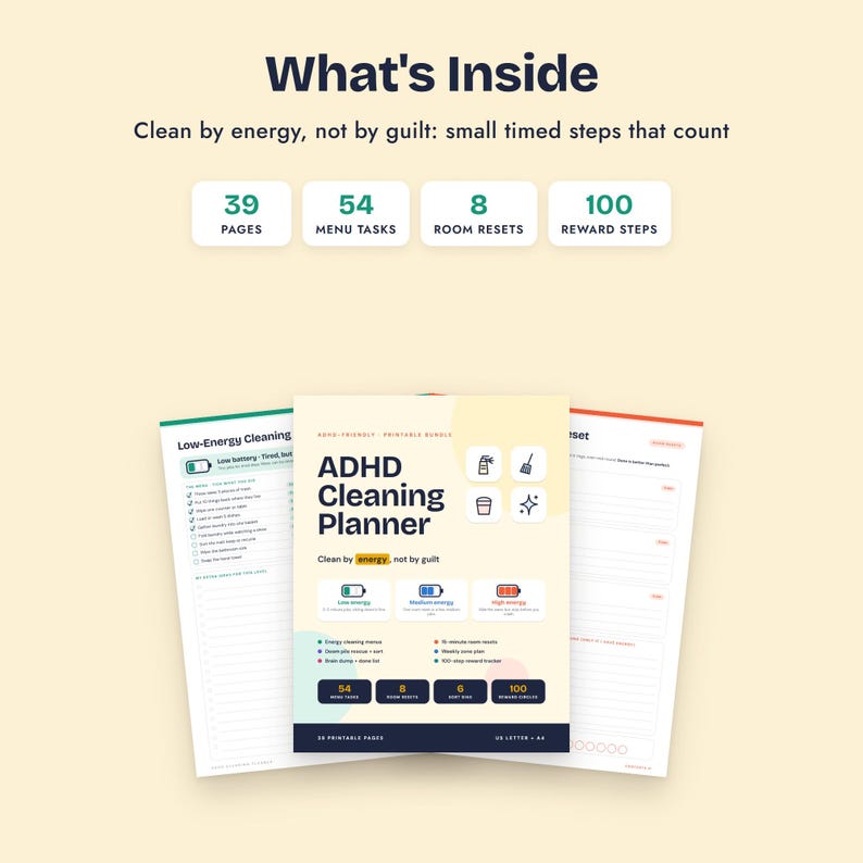 ADHD Cleaning Planner Bundle, Energy Cleaning Menus, 15 Minute Room Resets, Doom Pile Rescue image 2