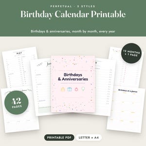 Birthday Calendar Printable, Perpetual Anniversary Calendar, 3 Styles, Monthly and One Page, Letter A4 imagen 1
