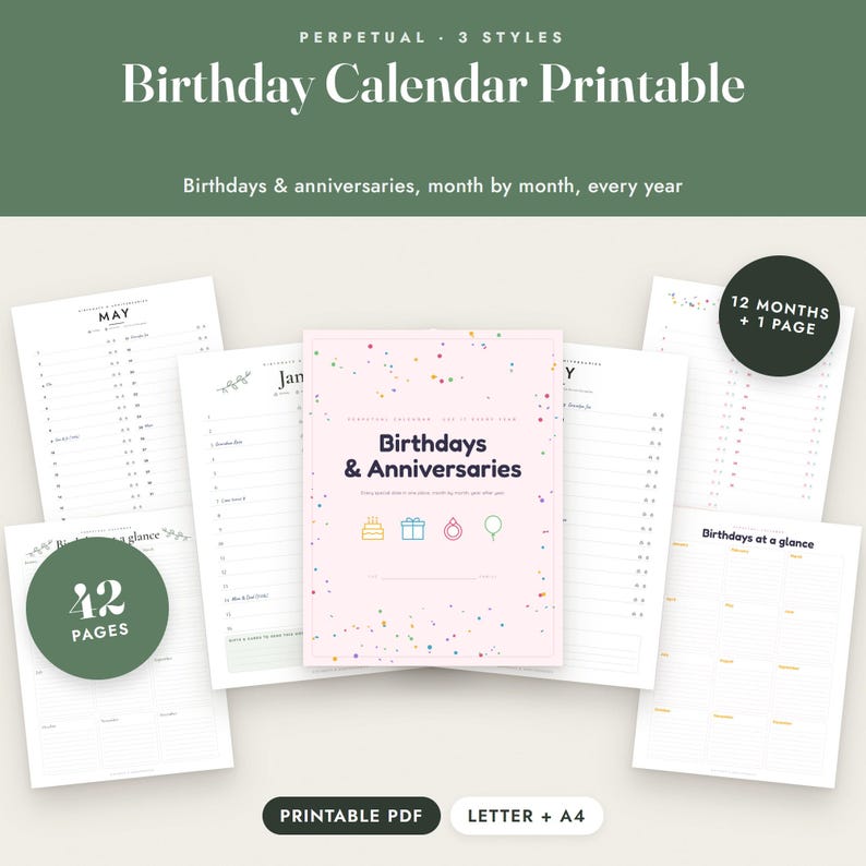 Birthday Calendar Printable, Perpetual Anniversary Calendar, 3 Styles, Monthly and One Page, Letter A4 imagen 1