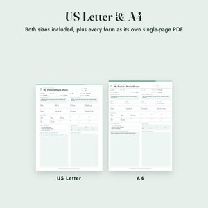 Puede incluir: Dos formularios digitales de hoja de seguimiento de pacientes en tama&ntilde;os US Letter y A4. Los documentos presentan un fondo blanco con detalles en verde oscuro, incluyendo campos para datos del paciente, notas m&eacute;dicas y tareas, titulados My Patient Brain Sheet.